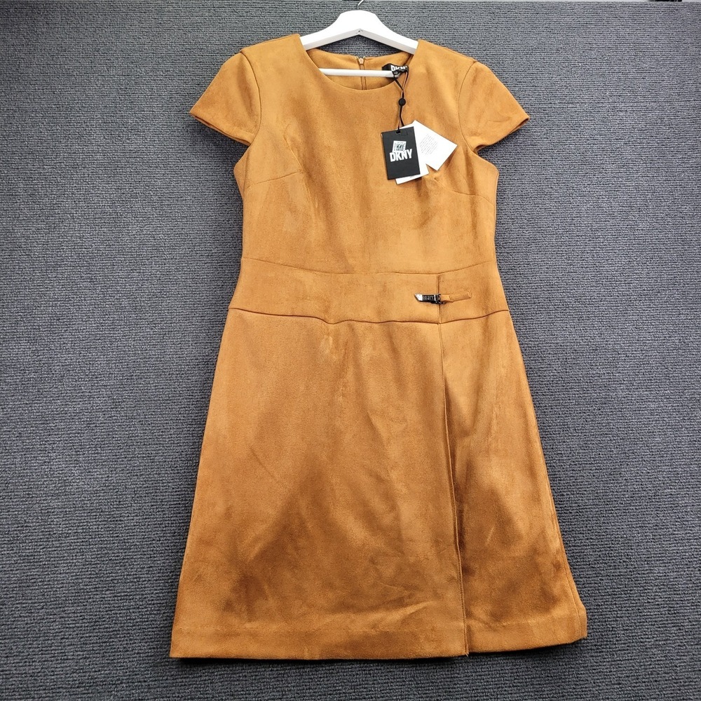 DKNY Dress Size 6 Toffee Brown Faux Wrap Suede Sheath Short Sleeve NEW